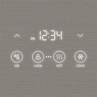 Digital control panel with a display showing 12:34 PM and five touch icons below: ice, lock, hot, cold, and up/down arrows. The background is metallic gray.